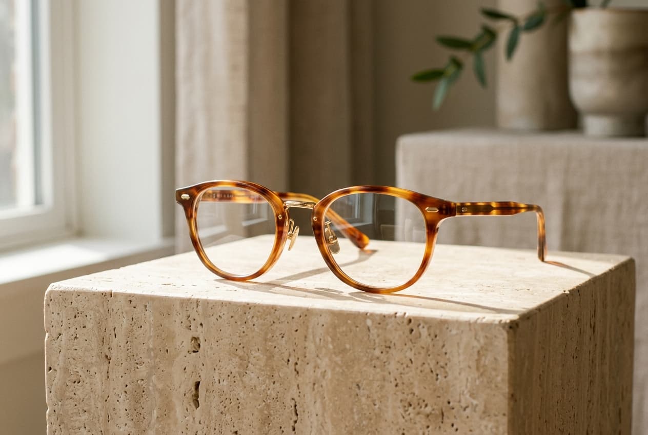 PRYDE tortoiseshell optical glasses resting on travertine stone pedestal.