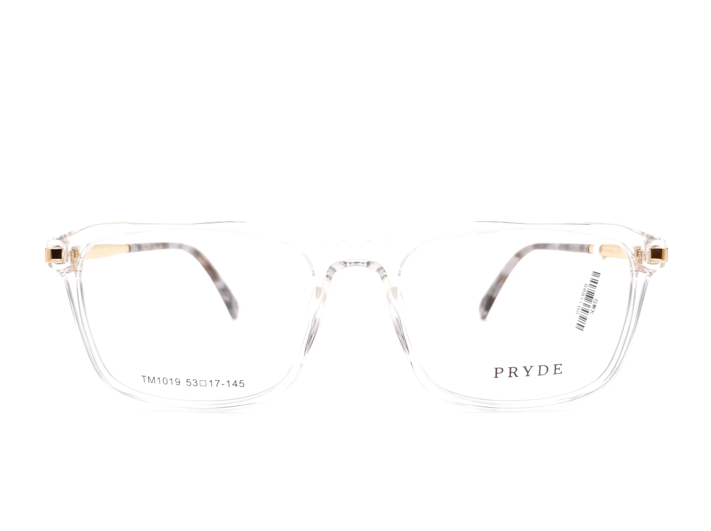 PRYDE FORME — crystal champagne slim rectangular optical frame, front view on white background.