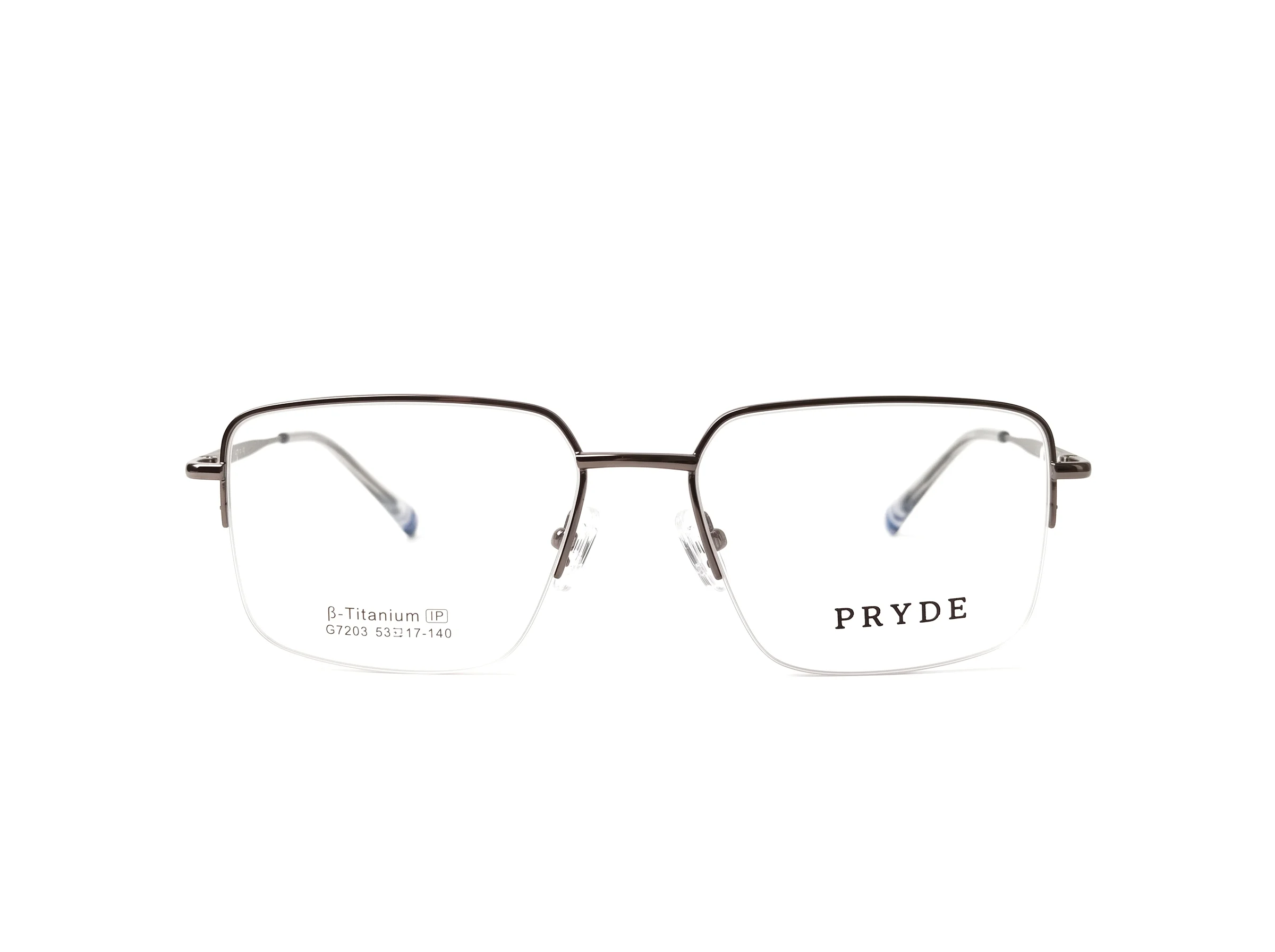 PRYDE LUMEN — matte slate grey slim titanium optical frame, front view on white background.