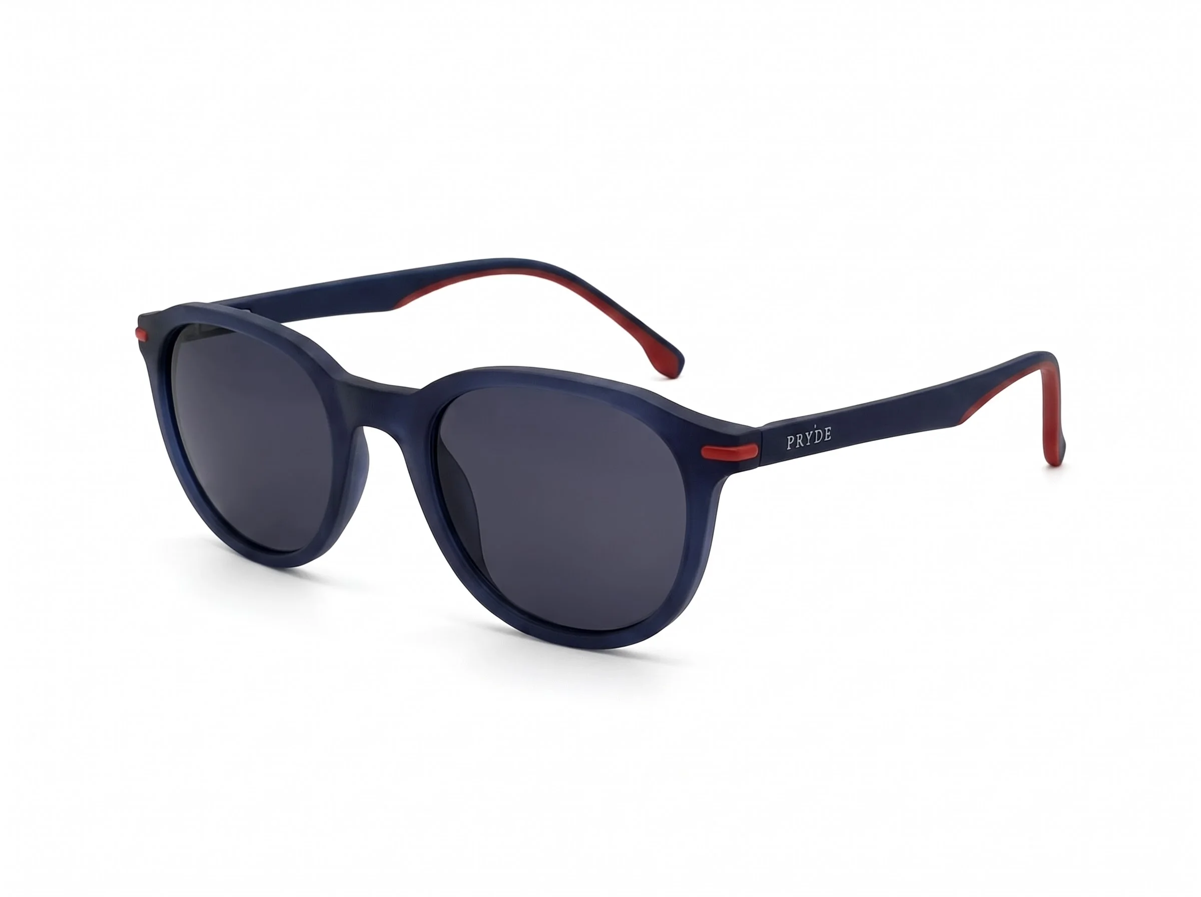 PRYDE PULSE — matte navy round sunglasses with crimson rubberised temple tips, three-quarter view on white background.