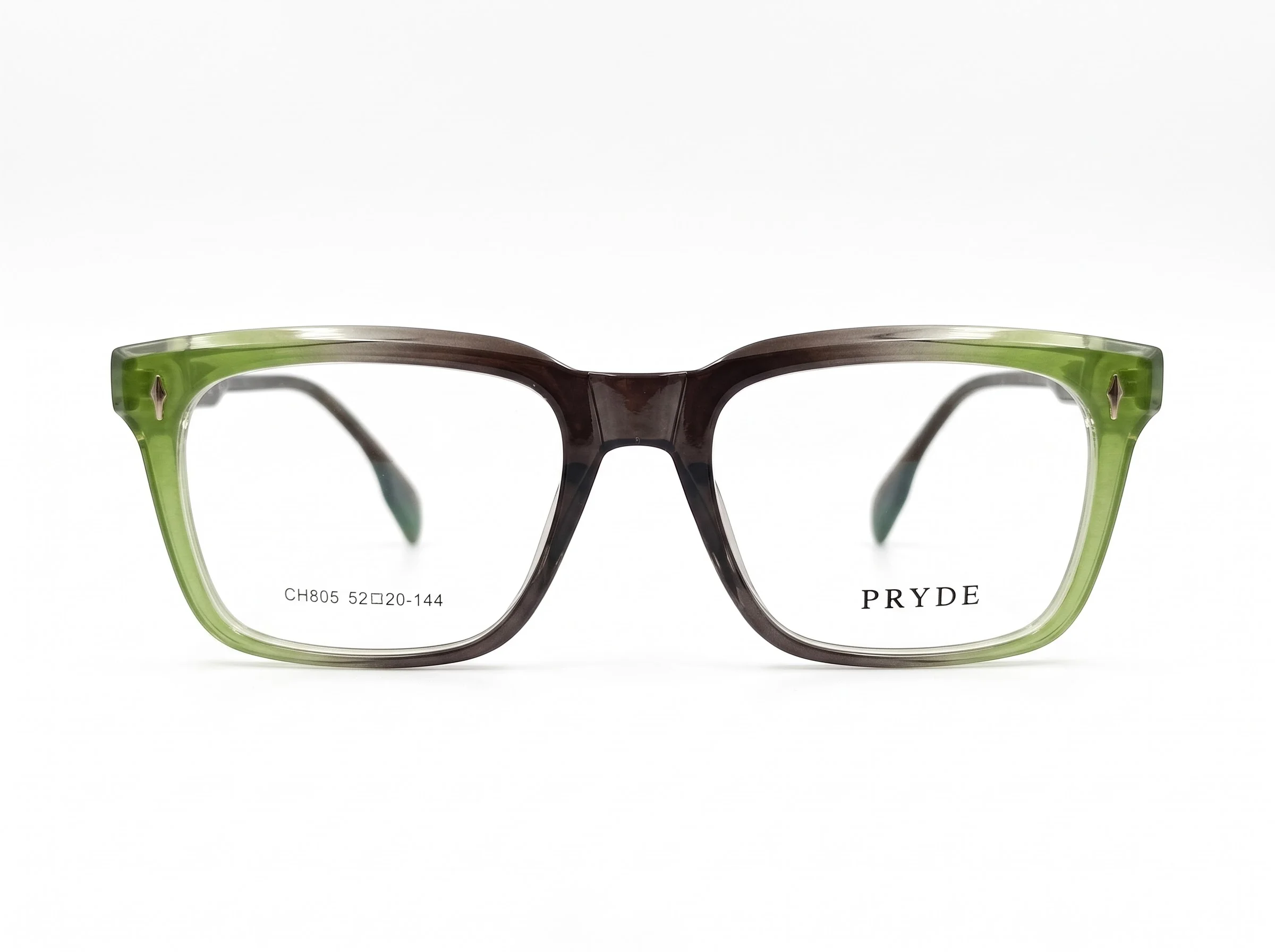 PRYDE VERDE — olive green to smoke fade square optical frame, front view on white background.